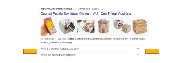 SERP for Puzzle Boxes showing FAQ snippet