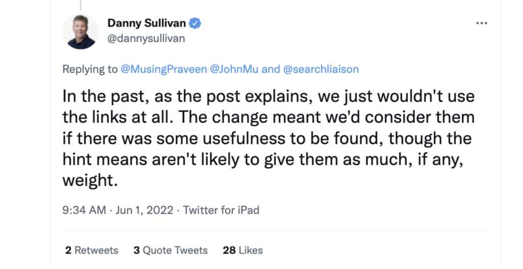 danny sullivan - hint - Tweet - nofollow links